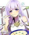  1girl bare_shoulders circlet commentary_request dress eating fire_emblem fire_emblem:_genealogy_of_the_holy_war food holding holding_spoon julia_(fire_emblem) long_hair purple_hair solo spoon violet_eyes yukia_(firstaid0) 