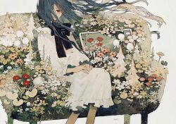  1girl black_bow black_bowtie blue_hair blush bow bowtie commentary_request couch dress expressionless feet_out_of_frame flower hair_over_one_eye hands_on_lap highres ka_(996beshi) long_hair muted_color nightgown original painterly reclining red_eyes sepia solo surreal tree what white_background white_dress wind wind_lift 