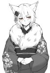  1641_(chfhrtor94) 1girl animal_ears floral_print flower fur-trimmed_kimono fur_trim hair_flower hair_ornament highres inubashiri_momiji japanese_clothes kimono print_kimono red_eyes short_hair simple_background solo touhou upper_body wide_sleeves wolf_ears wolf_girl 