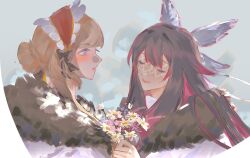  2girls black_hair blue_eyes blush bonnet bow braid braided_bun brown_hair bun_with_braided_base closed_eyes coat columbina_(genshin_impact) commentary eye_mask fatui_coat flower flowerrain_11 fur-trimmed_coat fur-trimmed_hood fur_hood fur_trim genshin_impact hair_bow hair_bun hair_flaps hair_ornament hair_ribbon head_wings headdress highres holding holding_flower hood long_hair mask multicolored_hair multiple_girls multiple_wings open_mouth pink_flower purple_streaks ribbon sandrone_(genshin_impact) see-through_clothes see-through_mask short_hair short_hair_with_long_locks sidelocks smile streaked_hair two-tone_hair untranslatable_commentary upper_body very_long_hair white_coat white_flower white_headdress white_mask white_wings wing_hair_ornament wings winter_clothes winter_coat x-shaped_eyewear 