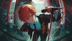  1boy backlighting bent_over black_jacket black_necktie black_pants blonde_streaks buttons clenched_teeth clothes_writing collared_shirt colorful_palette cowboy_shot ear_piercing earrings game_cg grin hair_between_eyes hand_up highres holding holding_microphone jacket jewelry lapels long_sleeves looking_at_viewer male_focus microphone microphone_stand multicolored_hair necktie notched_lapels official_alternate_costume official_art open_clothes open_jacket orange_hair overcome_one's_limits_(project_sekai) panorama pants piercing project_sekai red_light shinonome_akito shirt short_hair smile solo speaker star_(symbol) star_earrings streaked_hair suit teeth third-party_source unbuttoned unbuttoned_sleeves upper_body white_shirt wing_collar yellow_eyes 