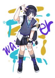  070203wjx 1boy :p aqua_necktie aqua_trim arm_at_side bag beret black_bag black_boots black_hat black_shorts black_sweater_vest blunt_ends boots bright_pupils character_name collared_shirt contemporary eyeliner feathers fingernails full_body genshin_impact grey_socks gyaru_w hand_on_own_thigh hand_up hat highres kneehighs lace-up_boots looking_at_viewer makeup male_focus necktie official_alternate_costume open_collar pom_pom_(clothes) purple_trim red_eyeliner scaramouche_(genshin_impact) school_uniform shirt short_sleeves shorts shoulder_bag socks solo standing sweater_vest tongue tongue_out tsurime undershirt violet_eyes w wanderer_(genshin_impact) wanderer_(mega_mgc_coffee)_(genshin_impact) white_background white_pupils white_shirt white_sleeves wispy_bangs yellow_feathers 