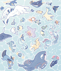  animal_focus chinchou commentary_request empoleon feebas floatzel goldeen highres hisuian_qwilfish horsea kingdra kyogre lapras lugia magikarp mantine no_humans oshawott outline piplup pokemon pokemon_(creature) pokemon_focus primarina psyduck qwilfish remoraid samurott seel sharpedo spheal starmie swampert tentacruel vaporeon water white_outline yurano_(upao) 