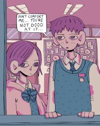  1boy 1girl all_of_us_are_dead bow classroom couple english_text flat_color hetero highres kajiuna large_ears lee_cheong-san nam_on-jo netflix school school_uniform speech_bubble sweater toon_(style) window 
