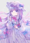  bow crescent crescent_hat_ornament dress frills hair_bow hat hat_ornament hiyuu_(hiyualice) long_hair mob_cap patchouli_day patchouli_knowledge purple_hair striped striped_dress touhou vertical-striped_dress vertical_stripes violet_eyes 
