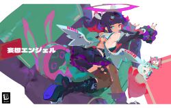  1girl absurdres aria_(zenless_zone_zero) bangboo_(zenless_zone_zero) bare_shoulders black_hair black_skirt blue_eyes bow colored_inner_hair detached_sleeves dress green_eyes green_hair hair_ornament hairclip halo highres looking_at_viewer multicolored_hair nangong_yu nangong_yu_(rhapsody's_muse) official_alternate_costume pink_hair purple_halo shirt short_twintails skirt smile sunna_(zenless_zone_zero) twintails v white_shirt white_wings wings xu_sanchuan zenless_zone_zero 