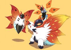  ^_^ absurdres akira_satsuki_b bug closed_eyes commentary_request detached_wings highres holding holding_pokemon iron_moth larvesta no_humans non-humanoid_robot pokemon pokemon_(creature) pokemon_focus robot simple_background slither_wing volcarona wings yellow_background 