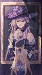  1girl arm_up bare_shoulders beret black_dress black_hat breasts brown_hair clothing_cutout commentary detached_sleeves dress flower from_behind hair_ribbon hand_up hat hat_flower herta_(honkai:_star_rail) herta_(puppet)_(honkai:_star_rail) highres holding holding_paint_palette holding_paintbrush honkai:_star_rail honkai_(series) indoors jewelry key key_necklace long_hair long_sleeves medium_breasts necklace o_yuuuuu5 paint_palette paintbrush painting_(object) parted_lips picture_frame ribbon shoulder_cutout smile solo the_herta_(honkai:_star_rail) very_long_hair violet_eyes witch_hat 