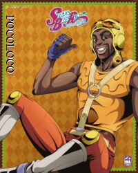  1boy absurdres anime_coloring araki_hirohiko_(style) argyle_background aviator_cap belt black_hair blue_gloves boots character_name copyright_name dark-skinned_male dark_skin english_commentary facial_hair fingerless_gloves genda_art gloves grin hat highres jojo_no_kimyou_na_bouken lips logo male_focus mustache official_style orange_pants orange_shirt pants pocoloco pointing pointing_at_self shirt sitting smile solo spurs steel_ball_run suspenders teeth toned toned_male white_boots yellow_belt yellow_hat 