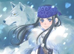  1girl ainu ainu_clothes asirpa black_hair blue_eyes blue_headband cloak commentary_request earrings fur_cloak golden_kamuy headband hoop_earrings jewelry long_hair outdoors retar signature smile snowing tokiko_(psychopomp) upper_body white_wolf wolf 