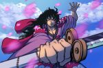  1boy artist_name black_eyes black_hair closed_mouth clouds cloudy_sky commentary english_commentary holding holding_sword holding_weapon japanese_clothes katana kimono long_hair looking_at_viewer male_focus momonosuke_(one_piece) one_piece outdoors sky solo sword weapon wodencreativ 