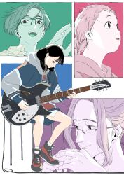  1boy 3girls absurdres black_hair black_shoes blue_eyes blue_hoodie braid character_request closed_mouth collared_shirt commentary_request electric_guitar freckles grey_hoodie guitar highres higurashi_totsuko holding holding_guitar holding_instrument holding_plectrum hood hoodie instrument kagehira_rui kimi_no_iro kojima_takashi long_hair long_sleeves medium_hair multicolored_hoodie multicolored_shoes multiple_girls multiple_monochrome multiple_views music official_art open_mouth over-rim_eyewear playing_guitar playing_instrument plectrum ponytail red_hoodie red_shoes rickenbacker sakunaga_kimi semi-rimless_eyewear shirt shoes short_hair shorts socks white_hoodie white_shoes white_socks 