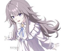  1girl absurdres asiri_senpai commentary dress fingernails grey_hair herta_(honkai:_star_rail) highres honkai:_star_rail honkai_(series) long_hair long_sleeves looking_at_viewer nail_polish official_alternate_costume open_mouth purple_nails revision simple_background smile solo the_herta_(honkai:_star_rail) the_herta_(the_herta's_magic_kitchen)_(honkai:_star_rail) twitter_username upper_body violet_eyes white_background white_dress 