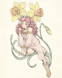  1girl blush boots daffodil fingernails flower full_body hair_flower hair_ornament jewelry long_hair necklace nightgown one_eye_closed pink_hair serenashinart smile solo tetia_(tongari_boushi_no_atelier) tongari_boushi_no_atelier twintails 