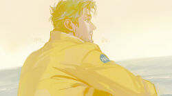  1boy beard blonde_hair blue_eyes closed_mouth commentary_request facial_hair highres jacket jje_7 korean_commentary korean_text long_sleeves male_focus mustache profile project_hail_mary ryland_grace short_hair solo upper_body yellow_jacket 