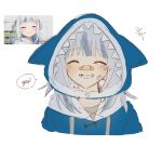  1girl :d ^_^ animal_costume animal_hood bandaid bandaid_on_face bandaid_on_nose blue_hoodie blunt_bangs clenched_teeth closed_eyes commentary cropped_torso dirty dirty_face drawstring english_commentary english_text gawr_gura gawr_gura_(1st_costume) grey_hair hair_ornament highres hololive hololive_english hood hood_up hoodie injury missing_tooth multicolored_hair reference_inset shark_girl shark_hair_ornament shark_hood sharp_teeth shew_(shew03) sketch smile solo speech_bubble streaked_hair teeth virtual_youtuber white_background 