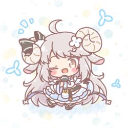  1girl ;d ahoge animal_ears black_boots black_bow blue_skirt blush_stickers boots bow brown_eyes chibi colored_shadow commentary_request commission dress fold-over_boots grey_hair hibiya_tsubasa highres holding holding_microphone horns indie_virtual_youtuber long_hair long_sleeves microphone mitarashi_neko one_eye_closed pixiv_commission pleated_skirt shadow sheep_ears sheep_girl sheep_horns skirt smile solo standing standing_on_one_leg very_long_hair virtual_youtuber white_background white_dress wide_sleeves 