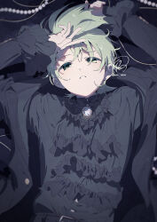  1boy arms_up black_background black_jacket black_shirt brooch cilan_(pokemon) commentary_request green_eyes green_hair highres jacket jewelry long_sleeves looking_at_viewer lying male_focus on_back open_clothes open_jacket parted_lips pokemon pokemon_bw serizawa_serizane shirt short_hair solo twitter_username upper_body 