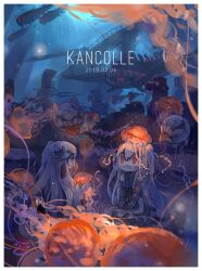  2girls abyssal_ship aircraft_carrier_oni chibi chibi_only closed_eyes colored_skin copyright_name dated dress enemy_aircraft_(kancolle) fish hagino_(axgh) hair_between_eyes horns jellyfish kantai_collection long_hair midway_princess multiple_girls on_head one_side_up red_eyes sailor_collar ship sitting sleeveless sweat tongue underwater very_long_hair watercraft white_dress white_hair white_skin wide_sleeves 