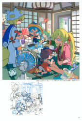  5girls absurdres animal_ears animal_hat bad_source blank_eyes blonde_hair bloomers blue_dress blue_eyes blue_hair book brown_eyes brown_hair calendar_(object) cat_ears cat_tail cat_teaser chen cirno controller cover cover_page cup daiyousei dress drinking_glass drooling electric_fan food frills fruit green_dress green_hair green_shorts hair_ornament hair_ribbon hand_fan hat highres incense_burner indoors jacket kayari_buta mob_cap moyazou_(kitaguni_moyashi_seizoujo) multiple_girls multiple_tails newspaper paper_fan paw_pose pen pink_jacket red_ribbon remote_control ribbon scan shark_hair_ornament shorts shouji sketch sleeveless sliding_doors sun_hat sweatdrop tabard tail tatami third-party_source touhou translation_request uchiwa underwear violet_eyes watermelon watermelon_slice white_dress wind_chime yakumo_ran yakumo_yukari 