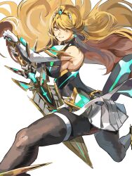  1girl 4me3ba_niku bare_shoulders black_pantyhose blonde_hair breasts chest_jewel commentary_request dress earrings elbow_gloves floating_earrings gloves highres jewelry large_breasts long_hair looking_at_viewer microdress mythra_(massive_melee)_(xenoblade) mythra_(xenoblade) neon_trim pantyhose solo swept_bangs thigh_strap tiara white_dress white_gloves xenoblade_chronicles_(series) xenoblade_chronicles_2 yellow_eyes 