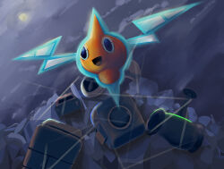  absurdres blue_eyes electric_fan full_moon highres karura_(to-the-4483) lawnmower moon no_humans open_mouth oven pokemon pokemon_(creature) pokemon_focus refrigerator rotom sky smile trash washing_machine 