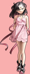  1girl 987645321o bare_shoulders black_boots black_choker black_hair boots breasts choker closed_mouth collarbone dress earrings full_body green_eyes highres jewelry long_hair looking_at_viewer marnie_(pokemon) no_jacket pink_background pink_dress pink_ribbon pokemon pokemon_swsh red_ribbon ribbon simple_background sleeveless sleeveless_dress small_breasts solo undercut 