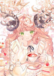  1girl animal_ears ao_o81 black_ribbon cake cake_slice capelet cherry cherry_blossoms closed_mouth collared_shirt commentary_request cup curled_horns elbow_rest falling_petals flower food frilled_capelet frilled_shirt frills fruit green_eyes hand_on_own_cheek hand_on_own_face hand_up head_rest highres holding holding_cup horn_flower horns long_hair long_sleeves looking_at_viewer macaron neck_ribbon original petals pink_flower pink_hair pink_petals puffy_long_sleeves puffy_sleeves ribbon round_table saucer sheep_ears sheep_girl sheep_horns shirt sidelocks signature smile solo spoon strawberry table teacup teapot tiered_tray upper_body wavy_hair white_capelet white_shirt 