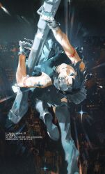  1girl arm_tattoo bare_shoulders blue_eyes blue_hair boots breasts ciel_(tsukihime) city city_lights commentary commission cross_tattoo dress floating_clothes floating_hair foot_out_of_frame from_behind full_body gloves head_back highres holding holding_weapon kalak_39 looking_at_viewer pile_bunker powered_ciel seventh_holy_scripture short_hair skirt sleeveless sleeveless_dress solo sparkle tattoo thigh_boots tsukihime twitter_username watermark weapon weibo_username wing_tattoo 