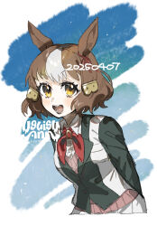  1girl animal_ears belno_light_(umamusume) blush breasts brown_hair collared_shirt commentary_request ear_ribbon hair_ornament highres horse_ears horse_girl jacket kasamatsu_tracen_school_uniform letter_hair_ornament long_sleeves looking_at_viewer multicolored_hair multicolored_jacket neckerchief open_mouth pink_sweater_vest red_neckerchief school_uniform shirt short_hair skirt smile sweater_vest teeth two-tone_hair two-tone_jacket uguisu_ann umamusume umamusume:_cinderella_gray white_hair white_shirt white_skirt 