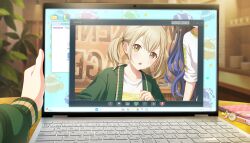  2girls :o azusawa_kohane black_hair blonde_hair blue_hair cardigan colorful_palette computer dot_nose double-parted_bangs female_pov fingernails game_cg gradient_hair green_cardigan green_shirt hair_ornament highres indoors light_blush long_hair long_sleeves looking_at_viewer low_twintails multicolored_hair multiple_girls notebook official_art open_mouth overcome_one's_limits_(project_sekai) pen phenny_(project_sekai) plant pov project_sekai shiraishi_an shirt short_hair sleeves_rolled_up solo_focus star_(symbol) star_hair_ornament sweatdrop table third-party_source twintails two-tone_cardigan two-tone_shirt v-shaped_eyebrows white_shirt window_(computing) yellow_cardigan yellow_eyes yellow_shirt 