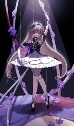  1girl adapted_costume arm_up ballet ballet_slippers bare_shoulders black_background black_choker black_dress breasts brown_hair choker closed_mouth commentary doll_joints dress en_pointe expressionless flower hair_flower hair_ornament herta_(honkai:_star_rail) herta_(puppet)_(honkai:_star_rail) highres honkai:_star_rail honkai_(series) joints key key_choker long_hair looking_at_viewer o_yuuuuu5 puppet_strings purple_flower small_breasts solo spotlight untranslatable_commentary very_long_hair violet_eyes 