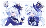  1boy 1girl :d ahoge ascot black_ascot blue_bow blue_eyes blue_hair blue_headwear blue_jacket blush bow brooch chalice chibi chibi_inset commentary_request cup drop-shaped_pupils eyelashes flying_sweatdrops furina_(genshin_impact) genshin_impact gloves hair_between_eyes hair_intakes hand_up hat hat_bow heterochromia highres holding holding_cup jacket jewelry lapels long_hair long_sleeves looking_at_viewer mismatched_pupils multicolored_hair multiple_views natsukko_0606 neuvillette_(genshin_impact) open_clothes open_jacket open_mouth raised_eyebrows shirt sidelocks simple_background smile sparkle streaked_hair swept_bangs tearing_up tilted_headwear top_hat v-shaped_eyebrows violet_eyes white_background white_gloves white_shirt wide-eyed 