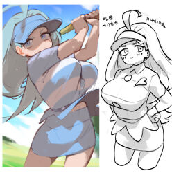  1girl ahoge alternate_breast_size_(larger) arms_up blue_eyes blue_hair blue_hat blue_shirt blue_skirt blue_sky breasts clouds commentary cowboy_shot golf_club hand_on_own_hip hat highres hizake_mozu holding holding_golf_club kahili_(pokemon) large_breasts legs_apart long_hair midriff_peek miniskirt multiple_views outdoors pencil_skirt pokemon pokemon_sm shirt short_sleeves sketch skirt sky standing straight_hair striped_clothes striped_shirt swinging_golf_club tareme translated v-shaped_eyebrows visor_cap 
