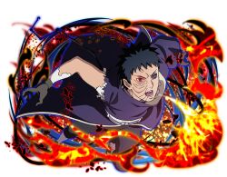 1boy black_gloves black_hair black_pants breath_weapon breathing_fire coat fire gloves heterochromia looking_at_viewer male_focus naruto_(series) naruto_shippuuden naruto_shippuuden:_ultimate_ninja_blazing official_art open_mouth pants purple_coat red_eyes rinnegan sharingan short_hair solo teeth torn_clothes torn_coat uchiha_obito violet_eyes 