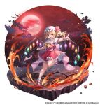  1girl ascot blonde_hair faux_figurine fire flandre_scarlet frilled_skirt frilled_sleeves frills gin_(gin937) laevatein_(touhou) moon puffy_short_sleeves puffy_sleeves red_footwear red_moon red_ribbon red_skirt red_sky red_vest ribbon shirt short_sleeves skirt sky solo standing standing_on_one_leg touhou touhou_arcadia_record vest white_headwear white_shirt yellow_ascot 