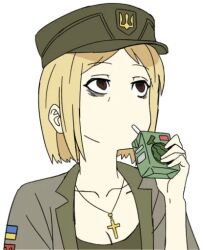  1girl blonde_hair brown_eyes collarbone drink_carton drinking hat holding holding_drink_carton jewelry limestone_(artist) looking_up marichka mazepynka necklace non-web_source original short_hair simple_background solo transparent_background tryzub upper_body watermelon_juice white_background 