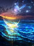  absurdres clouds crescent fantasy highres horizon jellyfish lighthouse night night_sky no_humans ocean original outdoors scenery sky smile_(qd4nsvik) star_(sky) starry_sky sunset 