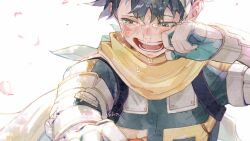  1boy blush boku_no_hero_academia cape commentary_request crying crying_with_eyes_open falling_petals gloves green_hair highres male_focus midoriya_izuku open_mouth petals pink_petals short_hair simple_background solo superhero_costume tears twitter_username unou_(unou_mha) white_background yellow_cape 
