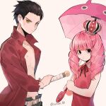  1boy 1girl belt black_hair blunt_bangs commentary crown dracule_mihawk dress drill_hair eyelashes forehead from_side hair_slicked_back holding holding_sword holding_umbrella holding_weapon joman long_sleeves looking_at_viewer mini_crown one_piece perona pink_hair red_shirt shirt simple_background sword twintails umbrella weapon white_background yellow_eyes 