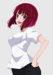  1girl arima_kana black_pants blunt_bangs bob_cut commentary_request grey_background highres inverted_bob kuroudo_(mst06738124mst) looking_at_viewer open_mouth oshi_no_ko pants red_eyes redhead shirt short_hair simple_background smile solo t-shirt white_shirt 