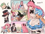  1girl 2boys alice_(alice_in_wonderland) alice_(alice_in_wonderland)_(cosplay) alice_in_wonderland animal_ears archived_source bad_id bad_twitter_id black_eyes black_hair black_pants blunt_bangs chair cheshire_cat_(alice_in_wonderland) cheshire_cat_(alice_in_wonderland)_(cosplay) cosplay cup dracule_mihawk dress drill_hair earrings facial_hair green_hair hair_bun hair_ribbon hat holding holding_cup jewelry joman kumacy long_hair looking_at_viewer multiple_boys mustache one_piece pants perona pink_hair rabbit_ears ribbon roronoa_zoro scar scar_across_eye short_hair sidelocks striped striped_thighhighs stuffed_animal stuffed_toy table tail thigh-highs top_hat tree vertical-striped_thighhighs vertical_stripes 