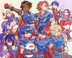  2girls 6+boys absurdres alcryst_(fire_emblem) alfred_(fire_emblem) blonde_hair blue_eyes blue_hair celica_(fire_emblem) chrom_(fire_emblem) commentary cosplay creature dark-skinned_male dark_skin diamant_(fire_emblem) earrings english_commentary facial_mark father_and_child father_and_daughter fire_emblem fire_emblem:_mystery_of_the_emblem fire_emblem:_radiant_dawn fire_emblem_awakening fire_emblem_echoes:_shadows_of_valentia fire_emblem_engage flower fogado_(fire_emblem) forehead_mark green_eyes hairband heterochromia highres holding holding_creature holding_flower hug ike_(fire_emblem) jewelry larachelle long_hair lucina_(fire_emblem) male_alear_(fire_emblem) male_robin_(fire_emblem) marth_(fire_emblem) marth_(fire_emblem)_(cosplay) mole mole_under_eye multicolored_hair multiple_boys multiple_girls one_eye_closed parent_and_child red_eyes red_hair rose short_hair smile sommie_(fire_emblem) soren_(fire_emblem) split-color_hair tiara two-tone_hair 