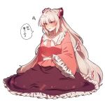  1girl absurdres blush bow bowtie brown_skirt cosplay frilled_skirt frills fujiwara_no_mokou grey_hair hair_bow highres houraisan_kaguya houraisan_kaguya_(cosplay) long_hair long_sleeves looking_at_viewer open_mouth pink_shirt red_eyes shirt simple_background skirt solo somei_ooo speech_bubble squiggle sweatdrop touhou translated very_long_hair white_background white_bow white_bowtie wide_sleeves 