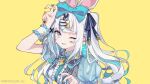  1girl animal_ears arm_up ars_almal black_nails blue_bow blue_eyes blue_hair bow captain_yue center_frills chain frills grey_hair hair_bow hair_ornament hairclip lightning_bolt_symbol long_hair looking_at_viewer multicolored_hair multicolored_nails nail_polish nijisanji official_art one_eye_closed open_mouth puffy_short_sleeves puffy_sleeves rabbit_ears rabbit_hair_ornament rabbit_tail shirt short_sleeves simple_background solo star_(symbol) tail two-tone_hair upper_body very_long_hair virtual_youtuber white_shirt yellow_background yellow_bow yellow_nails 