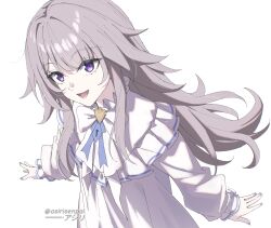  1girl absurdres asiri_senpai bad_id bad_pixiv_id commentary dress fingernails grey_hair herta_(honkai:_star_rail) highres honkai:_star_rail honkai_(series) long_hair long_sleeves looking_at_viewer nail_polish official_alternate_costume open_mouth purple_nails simple_background smile solo the_herta_(honkai:_star_rail) the_herta_(the_herta's_magic_kitchen)_(honkai:_star_rail) twitter_username upper_body violet_eyes white_background white_dress 