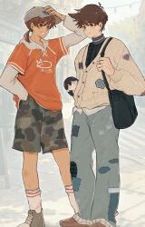  2boys alternate_eye_color antenna_hair bag baseball_cap black_bag blush bright_pupils brothers brown_eyes brown_hair camouflage camouflage_shorts cardigan character_doll commentary doll english_commentary green_shoes grey_hat hair_between_eyes hand_in_pocket hand_on_headwear hat hero_(birthday)_(omori) hero_(faraway)_(omori) hero_(omori) highres hood hood_down hoodie jewelry kel_(birthday)_(omori) kel_(faraway)_(omori) kel_(omori) long_sleeves low_ponytail male_focus mari_(omori) mari_(spirit)_(omori) multiple_boys official_alternate_costume omori open_mouth orange_hoodie pasuta928008 ponytail ring shoes short_hair short_ponytail shorts siblings smile sneakers socks stuffed_toy sweater turtleneck turtleneck_sweater white_cardigan white_pupils white_socks 