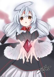  18st_taky 1girl absurdres ahoge albino blush bow commentary_request dress forehead_jewel frilled_dress frills hair_tubes hairband highres huge_ahoge long_hair looking_at_viewer low_twintails neon_trim red_eyes solo twintails under_night_in-birth vatista_(under_night_in-birth) very_long_hair white_hair 