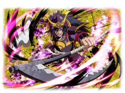 1boy alternate_costume armor black_hair gunbai hand_fan helmet holding holding_scythe holding_weapon japanese_armor kabuto_(helmet) long_hair looking_at_viewer naruto_(series) naruto_shippuuden:_ultimate_ninja_blazing official_art open_mouth purple_armor red_eyes samurai scythe shoulder_armor sode solo teeth uchiha_madara war_fan weapon 