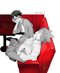  1boy 1girl artist_name black_hair black_shoes boruto:_naruto_next_generations closed_mouth collared_shirt commentary_request dated eriseros facial_mark full_body glass glasses grin head_on_hand highres jacket looking_at_viewer naruto_(series) one_eye_closed pants scar scar_across_eye scar_on_face shirt shoes short_hair sitting smile spiky_hair spot_color table teeth uchiha_sarada uzumaki_boruto whisker_markings white_background white_shirt 